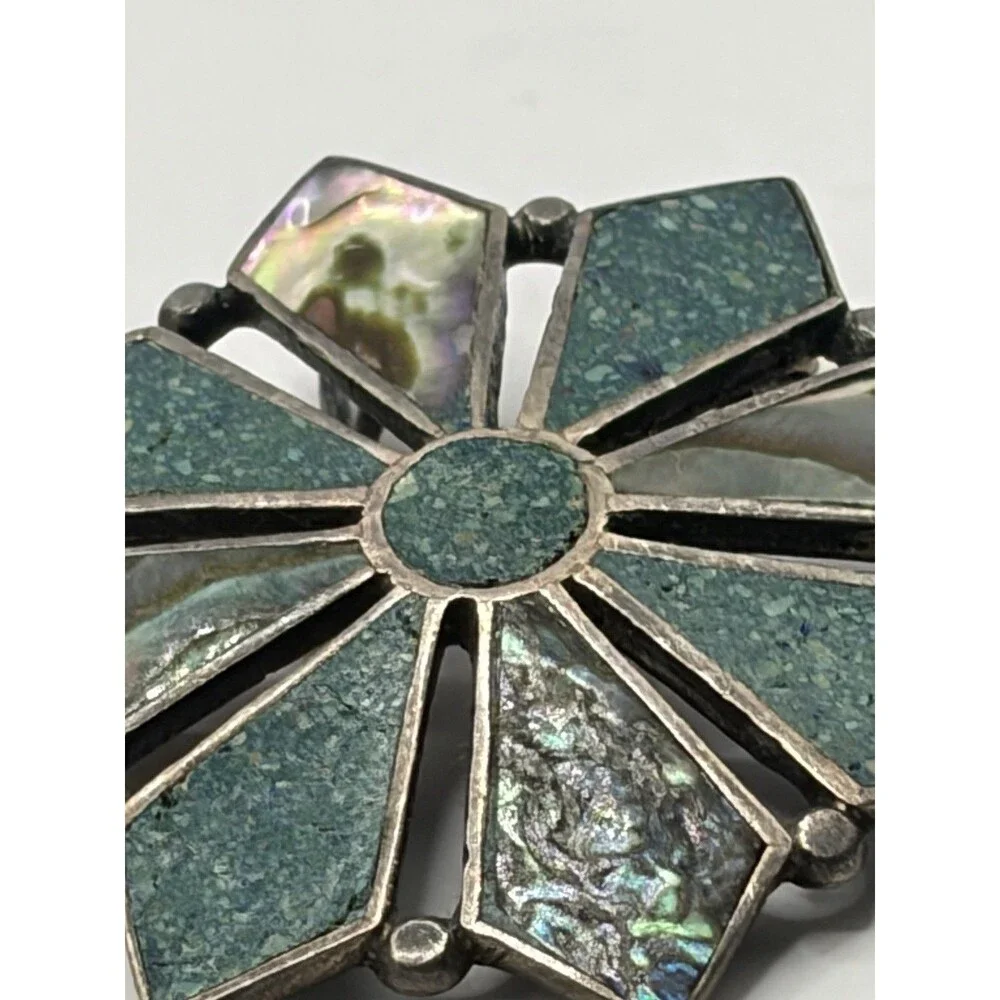 Vintage Mexico 925 Sterling Silver Abalone Crushed Turquoise Flower Brooch Pin